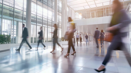 The modern office space pulses with activity as people walk in blurred motion, their actions contributing to the vibrant energy of the bright business workplace.
