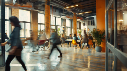 In the heart of the bustling office environment, people move with determination in blurred motion, contributing to the lively atmosphere of the bright business workplace.