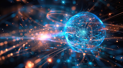 Obraz premium quantum physics, science, abstract futuristic background, atoms, electrons, space, stars, neon light, high technology, computer, beauty, design, wallpaper, horizontal, black, purple