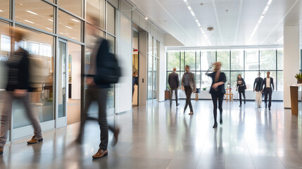 Against the backdrop of a sleek and contemporary office setting, people move with purpose in blurred motion, embodying the dynamic spirit of the bright business workplace.