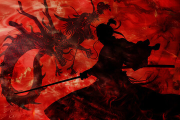 Intense Samurai and Dragon Battle Scene Painted in Red Tones