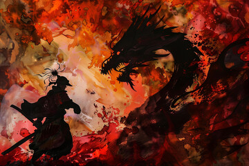 Epic Confrontation Between Samurai and Dragon in Mythical Art