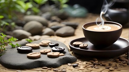 Calm Coffee Breaks in Zen Gardens Encourage Harmony Among Busy Schedules - obrazy, fototapety, plakaty