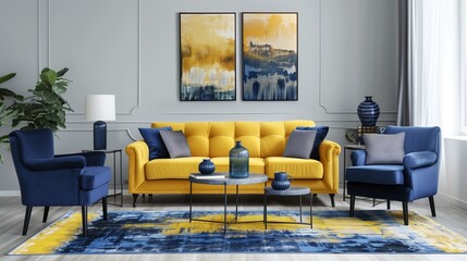 Mustard yellow sofa with navy blue accent chairs and navy blue area rug in a living room.