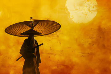 Samurai in Traditional Attire Under a Parasol in Sun-Drenched Setting