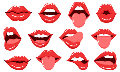 Sexy red lips diffrent poses glamour make up and fashion collection illustration