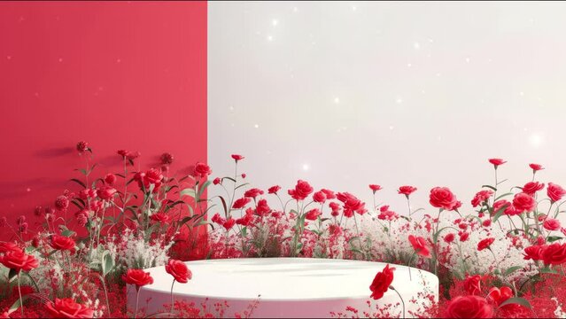 Podium background flower rose product red 3d spring table beauty stand display nature white. Garden rose floral summer background podium cosmetic valentine easter field scene gift red day romantic
