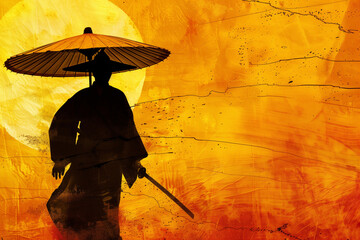 Silhouetted Samurai Standing Thoughtfully Under a Golden Umbrella
