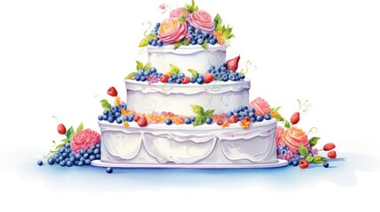 Celebration cake cartoon illustration - Generative AI. Tall, cake, layer, flowers.