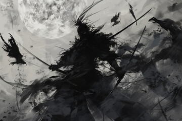 Abstract Art of Multiple Samurai Engaging in a Shadowy Fight
