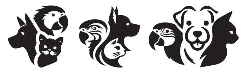 A stylized logo with a dog, a parrot and a cat for a veterinary clinic, pharmacy, store.