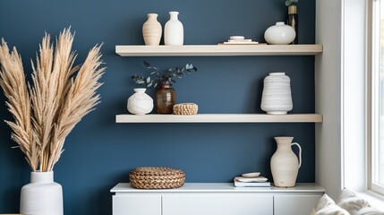 Navy blue accent wall with cream floating shelves displaying cream decor pieces.
