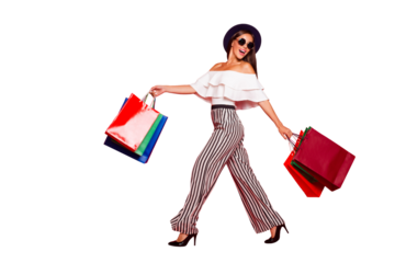 Full length body size portrait of careless carefree trendy stylish elegant chic lady wearing eyeglasses eyewear off-the-shoulders blouse top high heels shoes isolated on red background