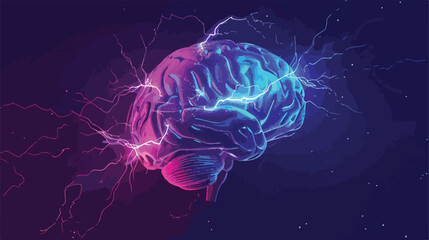 Brain in top view with lightnings in degraded blue 