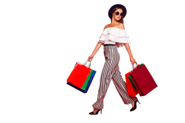 Full length body size portrait of trendy stylish elegant chic lady wearing eyeglasses eyewear off-the-shoulders blouse top high heels shoes with colorful bags leisure isolated on red pastel background