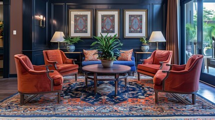 Fototapeta na wymiar Navy blue area rug with rust red geometric patterns paired with rust red upholstered chairs.