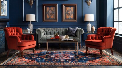 Navy blue area rug with rust red geometric patterns paired with rust red upholstered chairs.