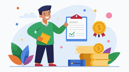 An image of a student receiving a financial literacy certificate signifying their completion and understanding of the course.. Vector illustration