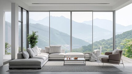 minimalist living room with natural landscape view featuring a white chair, gray rug, and white...
