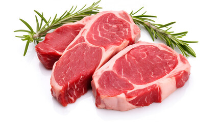 Raw beef steak with sprigs of rosemary on white background