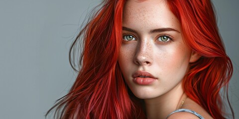 Obraz premium A portrait of an attractive girl in informal attire with vibrant red hair against a neutral studio backdrop, showcasing her luscious and vibrant hair color.