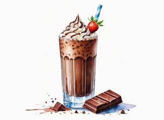 Drawing of a glass with a chocolate milkshake and drinking straw on a white background