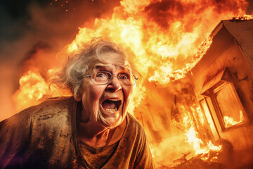 Fototapeta premium An elderly woman screams in front of a blazing house, the flames reflecting in her eyes as she witnesses the destruction caused by the fire