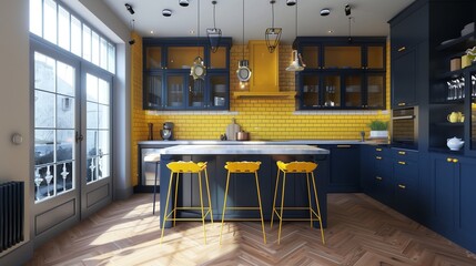 Navy blue kitchen cabinets with mustard yellow subway tile backsplash and mustard yellow bar stools.