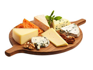 a wooden board with different types of cheese