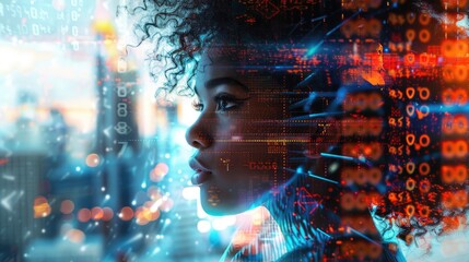  A black woman in profile with computer code and data visualizations overlaying her face, overlaying digital elements