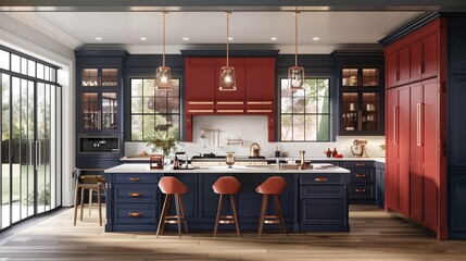 Navy blue kitchen island with rust red cabinets and rust red pendant lights.