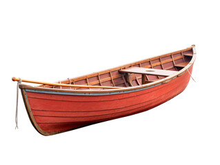 a red boat with a wooden paddle