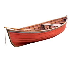 a red boat with a wooden paddle