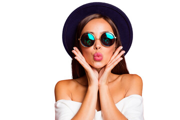 Close-up portrait of nice cool bright vivid attractive sweet lovely positive lady wearing white...