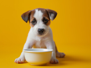 Dog eating food from bowl. Puppy jackrussell terier in yellow background	
