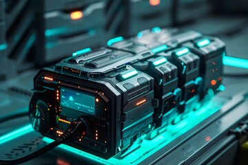 Cutting-edge battery with strong electric power and attached charging cord. Ideal for powering electric vehicles and portable devices with eco-friendly renewable energy storage capabilities.