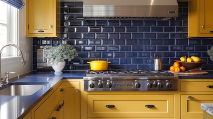 Navy blue subway tile backsplash with mustard yellow cabinets and navy blue countertops.
