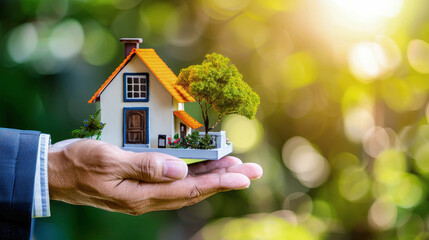 A person delicately holds a miniature house in their hands, symbolizing homeownership, real estate sales, mortgages, and the dream of a place to call home