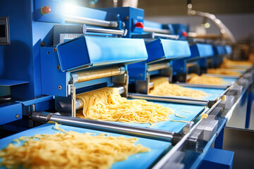 A mesmerizing sight unfolds as a line of pasta is meticulously crafted in a bustling factory setting, showcasing the essence of precision and tradition