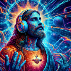 Digital art vibrant colorful psychedelic jesus with headphones vibin to music