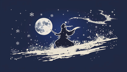Samurai Silhouette Against Moon in a Windy Winter Night Scene