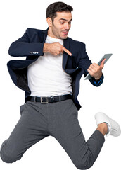Jumping Caucasian businessman wearing suit with tablet in hand PNG file no background 