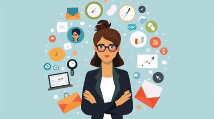 Business woman with set icons Vector illustration. Vector
