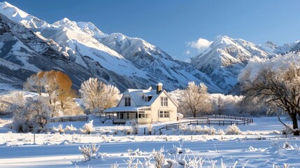 Fototapeta premium The farmhouse sits in the middle of a huge snow-covered field, surrounded by a pristine white landscape under a clear blue sky