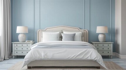 Pale blue accent wall behind a soft gray bed with soft gray nightstands.
