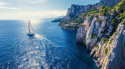 An elegant yacht gliding across the sparkling waters of the Mediterranean, framed by the...