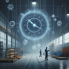Time critical industrial and transport concept, a warehouse with distant workers overlaid with futuristic analog clock