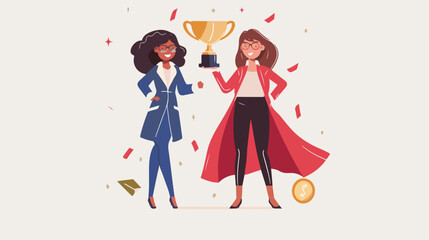 Businesswomen with hero coat and trophy Vector illustration