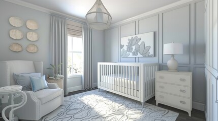 Pale blue accent wall in a soft gray nursery with soft gray furniture and pale blue accents.