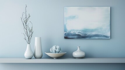 Pale blue accent wall with soft gray floating shelves displaying pale blue decor pieces.